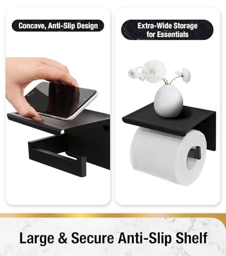 HITSLAM Toilet Paper Holder with Shelf, Stick on Matte Black Toilet Paper Roll Holder, Self Adhesive or Wall-Mount with Screws for Bathroom,Washroom - color: Black, size: Large