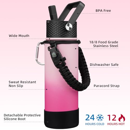BJPKPK Insulated Water Bottle with Straw Lid, 22oz Thermal Flasks Water Bottles with 3 Lids, Paracord Handle & Non-slip Boot, BPA Free Leak Proof Stainless Steel Tumblers, Cups,Cherry - color: Cherry, size: 22 Ounces