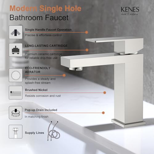 KENES Single Handle Bathroom Sink Faucet, Brushed Nickel Vanity Faucet for Bathroom Sink, with Pop Up Drain Stopper & Water Supply Lines LJ-9031 - color: Brushed Nickel, size: Short