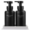 MaisoNovo Glass Foaming Soap Dispenser 14 Oz | Glass Bottles Pumps x 2 Black with Tray - color: Black Bottles/Black Plastic Pumps/Ceramic Tray