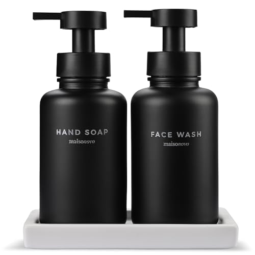 MaisoNovo Glass Foaming Soap Dispenser 14 Oz | Glass Bottles Pumps x 2 Black with Tray - color: Black Bottles/Black Plastic Pumps/Ceramic Tray
