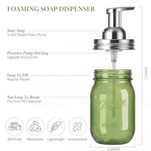 Amolliar Plastic Mason Jar Foaming Soap Dispenser Pump Lid, 16oz Foam Soap Dispenser with Cute Lables - Green Refillable Hand Soap Dispenser for Bathroom Kitchen Shower (2 Pack, Silver) - color: Silver