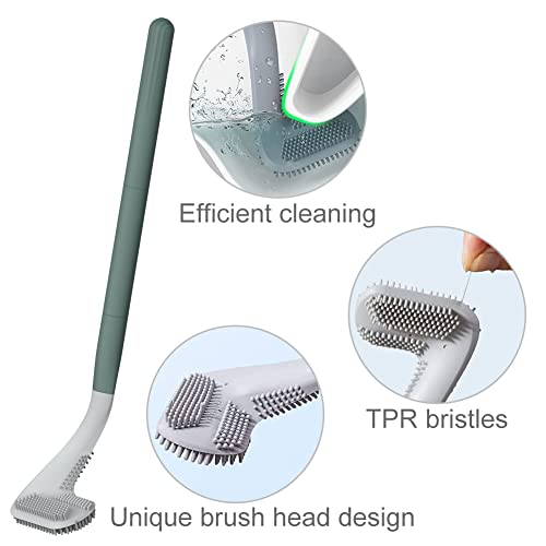 Toilet Brush, Long Handle Golf Toilet Brush with Holder 360° Deep Cleaning Flexible Silicone Toilet Cleaner Brush Wall Mounted for Bathroom (Green) - color: Green