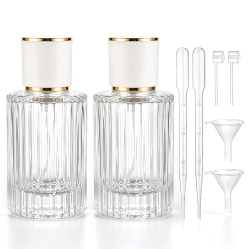 YU FENG 2 Pack 50ml Glass Perfume Spray Bottles, Gold Rim Atomizer | Vertical Striped Texture, Gold Sprayer With Cream Cap, Travel Size Refillable Bottle, Fine Mist Spray For Perfume And Oils - style: Gold-Trim Cream Cap-1