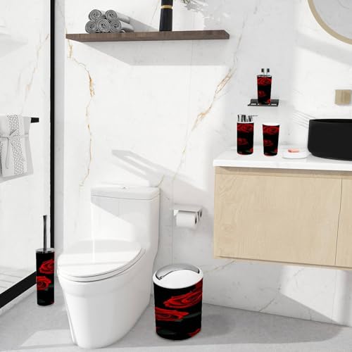 Bathroom Accessory Set 6 Piece Beautiful Pattern red Roses Black Toothbrush Holder, Toothbrush Cup, Soap Dispenser, Soap Dish, Toilet Brush Holder, Trash can for Countertop Rustic Decor
