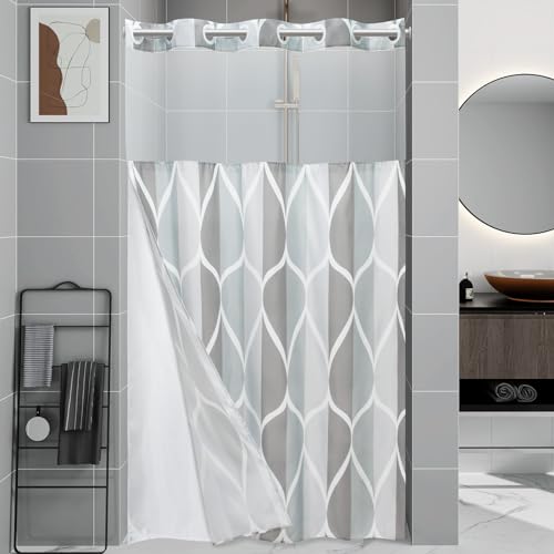 Yiatn No Hook Grey Stall Size Shower Curtain with Snap in Fabric Liner Set - Hotel Style with See Through Mesh Top Window, Modern Geometric Waterdrop Design,Waterproof and Washable, 54x80 INCH - color: A. Grey, size: 54"W x 80"L (Pack of 1)