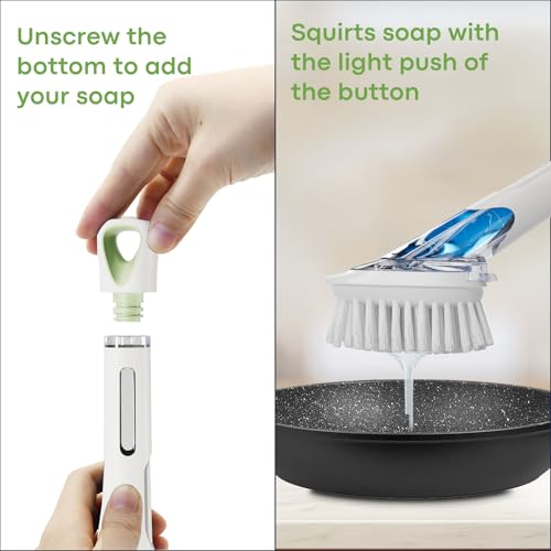 RIMAY Dish Brush with Soap Dispenser Storage Set, Soap Dispensing Dish Brush with 2 Pcs Brush Refills & Holder, Kitchen Dish Washing Wand with Handle for Dishes/Pans/Pots/Sink (White) - color: White-green