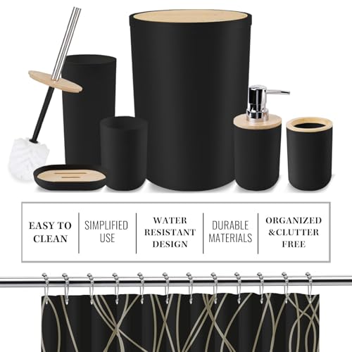 Britimes Bathroom Accessories Set, 19PC Black Shower Curtain Set with Trash Can, Soap Dispenser, Toilet Brush Holder, Toothbrush Holder and Toothbrush Cup for Bathroom Decor - color: Black2