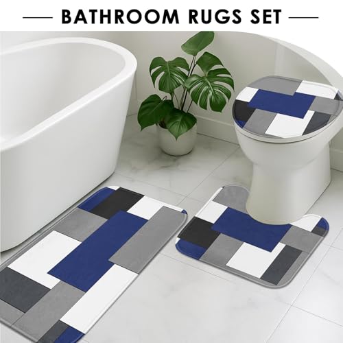 Navy Blue Geometric Shower Curtain Set with Toilet Lid Cover and Non-Slip Rugs for Bathroom, Black White Grey Checkered 4 Pcs Shower Curtain, Modern Abstract Bathroom Set with 12 Hooks - color: Abstract Geometric Dark Blue