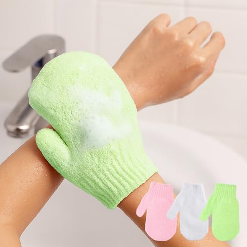 3Pcs Exfoliating Shower Gloves, Body Scrub Mitts for Daily Use, Gentle Bath Gloves (White Green Pink) - color: White&green&pink