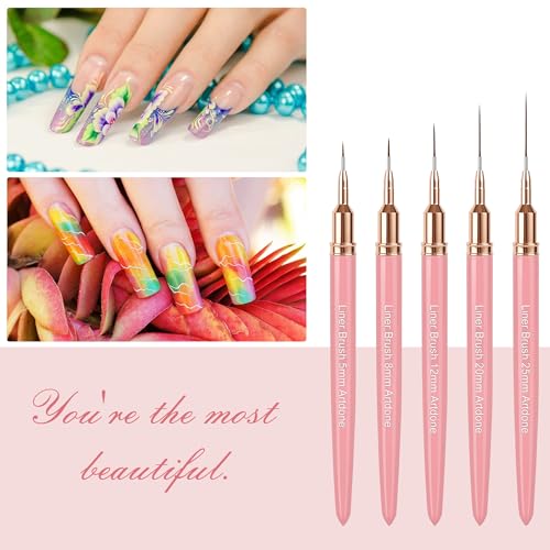 Artdone Metallic Nail Art Pens, Liner Brushes Set, 5PCS Pink Nail Tools | For Long Lines, Thin Details, Fine Drawing, Liner Brush UV Gel Polish Painting Nail Design Sizes 5/8/12/20/25mm - color: Pink Liner Brush Set