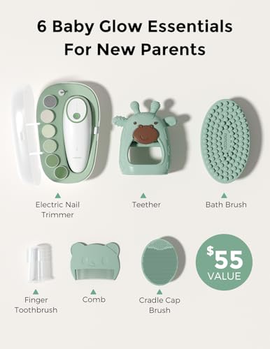 Momcozy Baby Kit, Baby Shower & Registry Essential Kit for Grooming & Cleansing Care, Includes Electric Nail File, Teether, Bath Brush, Cradle Cap Brush,Comb, Finger Toothbrush,Newborn Must-Have - size: Glow Baby Kit