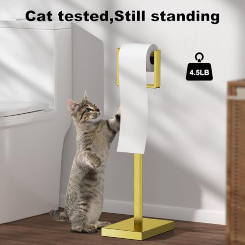Brass Gold Toilet Paper Holder Stand，Stainless Steel Toilet Paper Holder Free Standing，Stable Weighted Base Floor Tissue Roll Holder for Bathroom，Modern Pivoting Toilet Paper Stand - color: Brass Gold