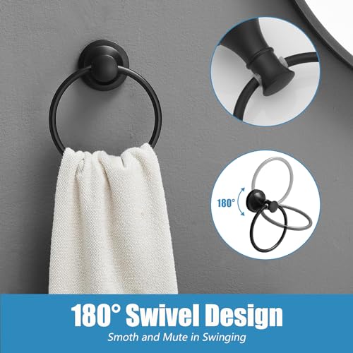 RUMOSE Toilet Paper Holder and Hand Towel Ring Matte Black Wall Mount Bathroom Hardware Accessories 2 PCS Set Flexible Pivoting Toilet Tissue Roll Holder and Towel Hanger, Stainless Steel - color: Matte Black