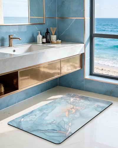 DEXI Bathroom Mat Ultra Thin, Non Slip Bath Rug for Shower Floor, Absorbent Quick Dry Marble Bathmats Low Profile, 24x16, Blue - color: Blue, size: 24" X 16" (Rectangular)