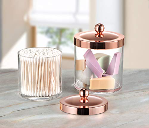 SheeChung 2-Pack Plastic Apothecary Jars with Rose Gold Metal Lids - 25oz & 15oz Clear Acrylic Qtip Holder Set - Shatterproof Bathroom Vanity Organizer for Cotton Balls, Swabs, Pads - Luxury Decor - color: Rose Gold, size: 25 oz & 15 oz