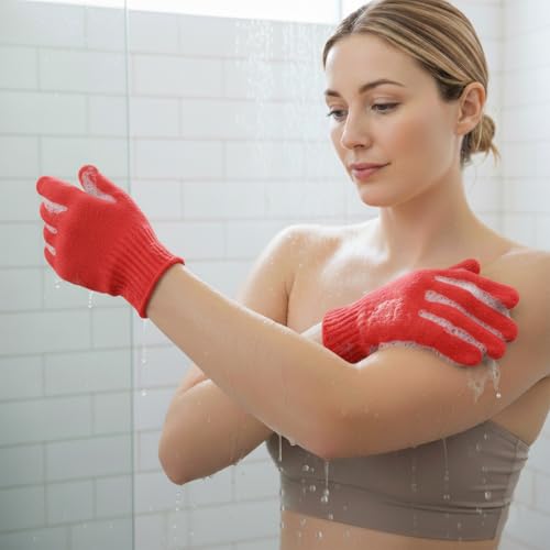 Exfoliating Glove for Shower-Body Exfoliator Scrub Gloves,Shower Gloves for Scrubbing Dead Skin,for Women Men Bath Spa - color: Red 3