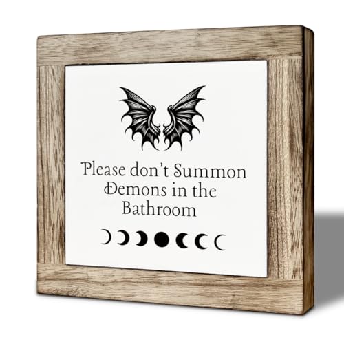 Funny Bathroom Decor, Please Don't Summon Demons in the Bathroom, Freestanding Wooden Box Decor, Decorative Signs for Home Toilet Restrooms Shelf, Rustic Toilet Decoration 5.9×5.9 inch - color: color38