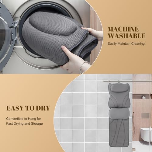 Extra Long Thick Full Body Bath Pillow for Tub with Lumbar Pillow- Luxury 4D Air Mesh Bathtub Pillow with Head, Shoulder & Back Support, Non-Slip Bath Cushion with Suction Cups (Gray) - color: Gray