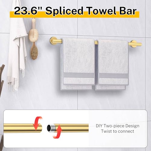 Brushed Gold Bathroom Hardware Set 5 Pieces Towel Bar Set Round Towel Holder Set for Bathroom,Upgraded Toilet Paper Holder with Shelf,Stainless Steel Wall Mounted 23.6 Inch - color: Gold