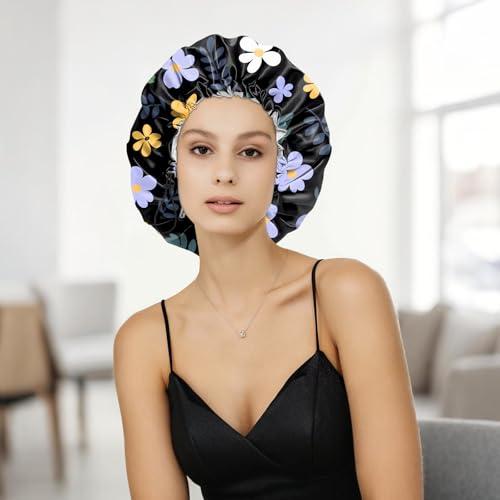 Shower Cap Adjustable Waterproof Double Layer Elastic Reusable Hair Bath Cap Cute Aesthetic for Women Girls-Purple Flower - color: R6-Purple Flower