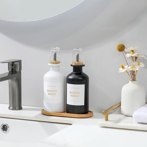 11.8OZ Mouthwash Dispenser for Bathroom with Bamboo & Stainless Steel Pour Spout, Mouthwash Cups Reusable, Bamboo Tray, and Elegant Gold Label. Set of 2（Black/White - color: Black/White/350*2
