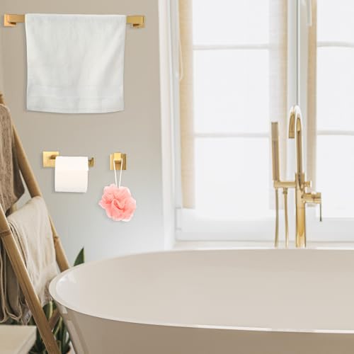 Gisafai 10 Pcs Gold Bathroom Hardware Accessories Set 23.6 Inch Bath Towel Bar Kit Stainless Steel Bathroom Hardware Set Towel Racks Ring Robe Hooks Paper Holder for Wall Mounted - color: Gold