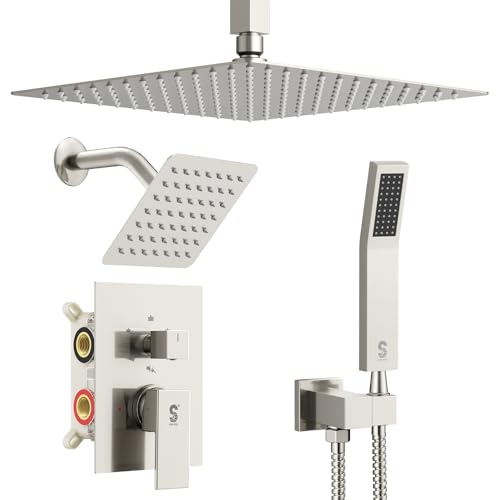 Shower Faucet Set Shower System - SR SUN RISE Brushed Nickel Shower Trim Kit with Dual Shower Head, 12'' Ceiling Rainfall 6'' Wall Mount with Handheld Shower for Couples, Complete 6 Diverter Valve - color: Nickel, size: 12 Inch