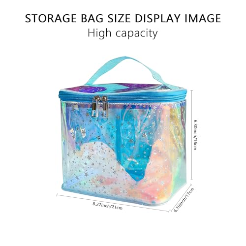 Holographic Star Print Pink Makeup Bag - Portable & Waterproof Barrel-Shaped Toiletry Bag, 8.27x6.7x6.3in Cosmetic Case for Women & Men (Blue Star) - color: Holographic Blue