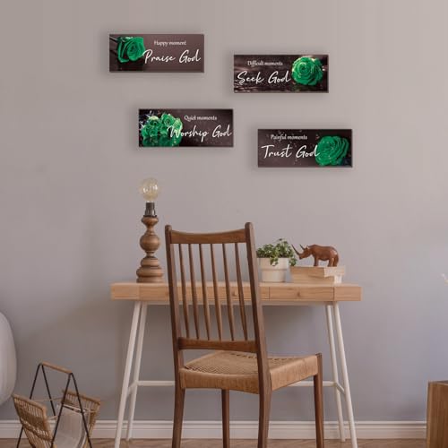 ONIZHITY 4Pcs Green Bathroom Decor Religious Wall Art Bible Verse Inspirational Rose Wall Decor Rustic Wooden Christian Sign for Home Bathroom Office Bedroom Living Room Kitchen(Green 10x4) - color: Green Rose