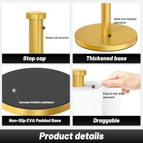 VEHHE Paper Towel Holder Countertop, Weighted Non-Slip Base, Stainless Steel Paper Towel Holder for Kitchen Bathroom (Gold) - color: Eva Pad Base | Gold