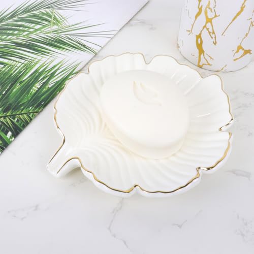 White Leaf Bathroom Soap Dish,Ceramic Soap Dish Holder in Palm Leaf Style,Self Draining Design and Used to Hold Various Small Bathroom and Kitchen Accessories - color: White