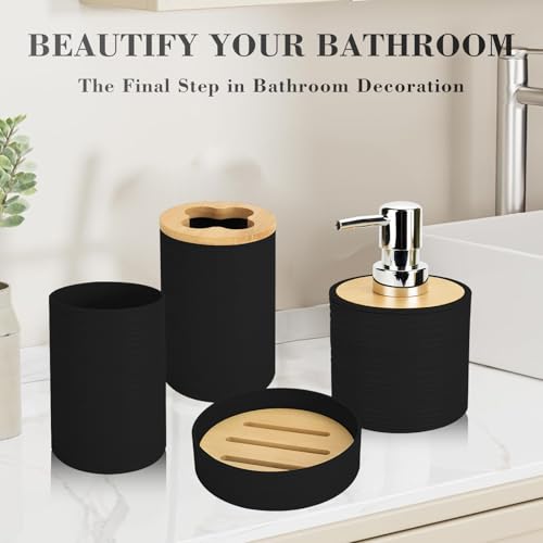 4 PCS Black Bathroom Accessories Set, Includes a Soap Dispenser, Toothbrush Holder, Soap Dish and Mouthwash Cup, Plastics & Bamboo Bathroom Set, Bohemian Style Bathroom Sink Set - color: Black, size: 4 PCS