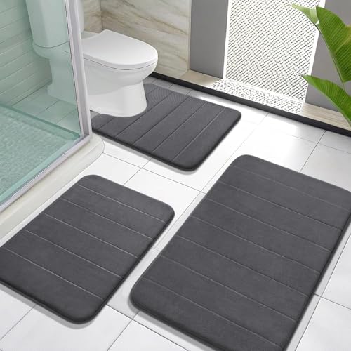 Yimobra Memory Foam Bath Mat Set 3 Pieces- Super Soft Absorbent Quick Dry Bathroom Rug Sets, Machine Washable Non Slip Floor Carpet for Tub Shower, Vanity & Toilet Base, Dark Gray - color: Dark Gray, size: 31.5''x20'' +17''x24'' + 24''x20''