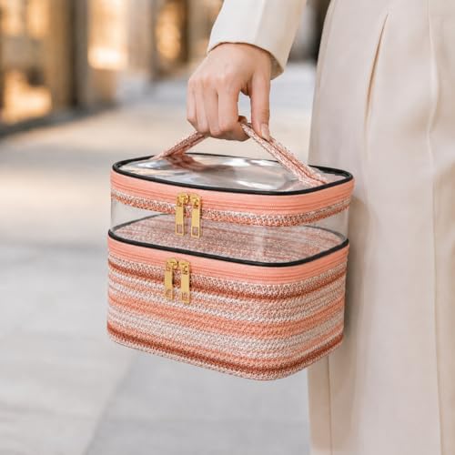 Woven Faux Leather Travel Makeup Bag for Women, Cosmetic Organizer with Clear PVC Top, Large Capacity Toiletry Bag (Pink) - color: 03-Pink