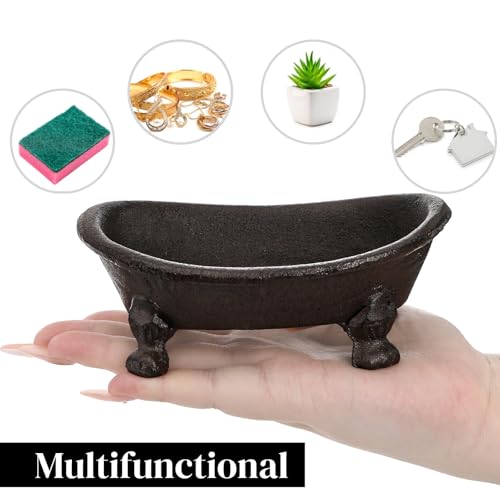 2 Pieces Bathtub Soap Dish, Mini Cast Iron Soap Holder, Heavy Duty Vintage Metal Planter Jewelry Organizer, Decorative Sponge Trays for Bathroom Shower Kitchen Countertop Sink, Antique Brown