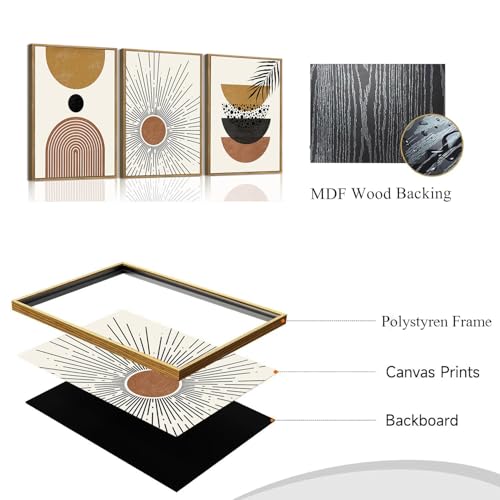 Bwodke Boho Wall Art, Framed Abstract Sun Wall Art, Neutral Canvas Wall Decor, Mid Century Geometric Line Pictures Set of 3, Minimalist Paintings, for Bedroom Living Room Bathroom 16"x24" - color: Boho Sun, size: 16"x24"Natural