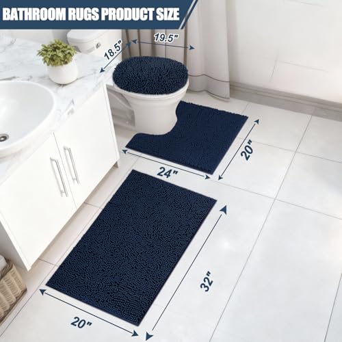 Bathroom Rugs Sets 3 Piece with Adjustable Toilet Seat Cover 19.5"x 18.5" Machine Washable Bath Rug Set with TPR Non Slip Rubber Backing Solid Bath Mat Set for Luxury Bathroom Decoration - color: Navy Blue