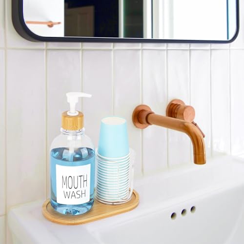 Mouthwash Dispenser with Cup Holder, Plastic Mouth Wash Pump Bottle with Tray for Bathroom Organizers, 17oz Refillable Clear Mouthwash Container - Bamboo - color: Group a - Clear