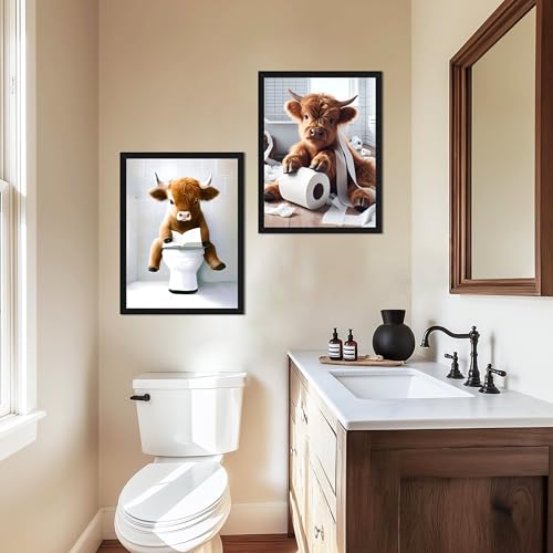 Highland Cow Bathroom Decor Set of 3, Funny Brown Cute Highland Cow Wall Art Paintings, Vintage Rustic Farmhouse Canvas Pictures Posters Prints for Bathroom, Restroom Black Wood Framed 12x16 Inch - color: Yellow Cow Black Frame, size: 16L" x 12W"