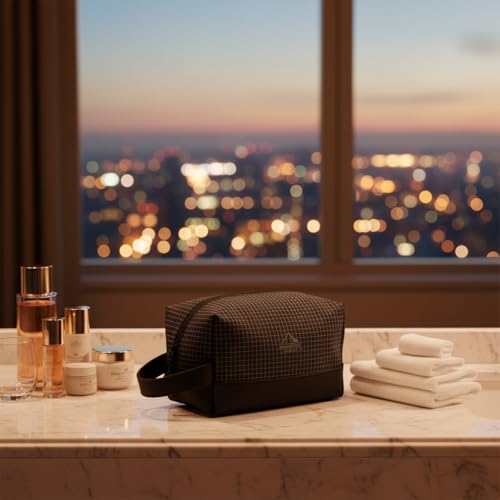 GOX Premium Plaid & Leather Travel Toiletry Bag with Reinforced Handles Cosmetic Organizer (9x5.1x5.1 inches) for Bathroom, Shaving, Makeup Essentials (Black) - color: Black