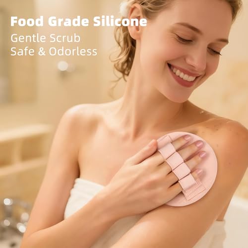 3-Pack Bath Scrubber Kit: 2 Silicone Exfoliating Pats & Double-Sided Long Handle Back Scrubber Bath Puff for Deep Cleansing. (2 Pink & Pink) - color: 2 Pink & Pink