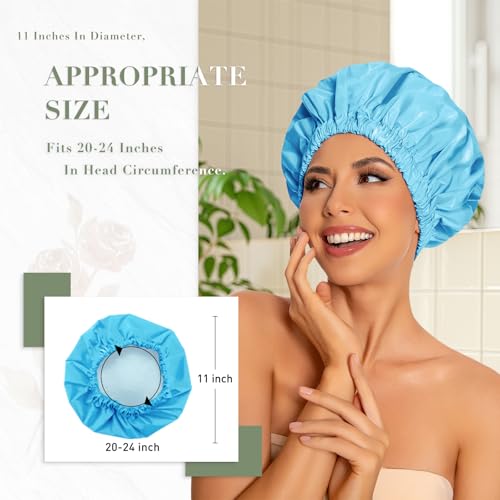 Edoneery Reusable Shower Caps for Women, Waterproof Long Hair Bonnet | Washable Design, Wide Elastic Band, Large Fit, Holds Long Hair, Braids Friendly, Bath Accessories, Spa, Travel - color: Lake Blue