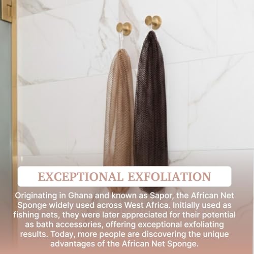 MOTHER AFRICA African Net Sponge Authentic with Knots 2 Pack Black Owned Exfoliating Body Scrubber Bath Sponge for Shower Washcloth Loofah Gentle Deep Cleansing Back Scrubber Face & Body Men & Woman - color: Dark Brown & Linen Tan