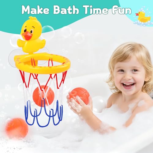 Bath Toys, Bathtub Basketball Hoop for Toddler Kids, 3 Soft No Hole Balls & Bath Basketball Hoop with Strong Suction Cup, Yellow Duck Baby Shower Bath Toys Set for Boys and Girls - style: Yellow Duck