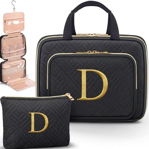 Gifts for Women, Initial Toiletry Makeup Bag Hanging Cosmetic Organizer with Embroidery Letter Personalized Nurse Teacher Appreciation Birthday Mothers Day Gifts for Mom Sister Wife Friends Auntie Her - style: D