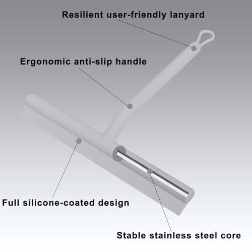 Squeegee for Shower Glass Doors, Resilient Loop - No-Drill & Adhesive Hook, Silicone Shower Squeegee with Stainless Steel Core, Cleaning Tool for Home, Kitchen, Bathroom & Car - Grey - color: Gray, size: with loop