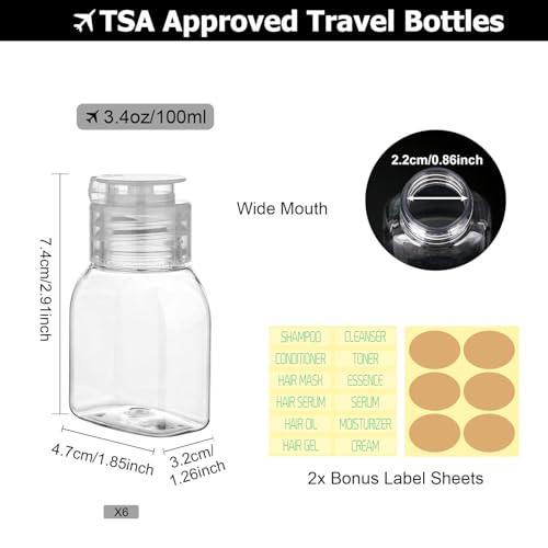 Travel Bottles for Toiletries 6 Pack 2oz/60ml Leak Proof Travel Size Toiletries TSA Approved Squeeze Bottles with Flip Cap Wide Mouth Containers for Shampoo Conditioner Body Wash(Clear) - color: Clear, size: 2 Ounce