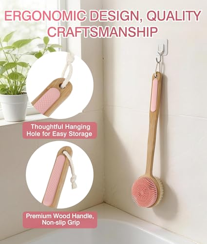 Back Scrubber for Shower + Body Scrubber 2 Pack, Dual Sided Silicone & Nylon Bristles Lather Well Exfoliating Anti-Slip Wood Long Handle Back Scrubber Body Exfoliator for Wet/Dry Bath Brush Pk+Bl - color: Pink & Black