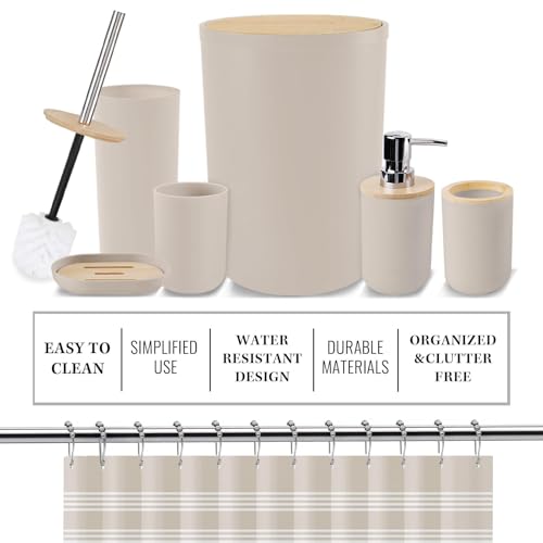 Britimes Bathroom Accessories Sets, Boho Shower Curtain Set with Trash Can, Soap Dispenser, Toilet Brush Holder, Toothbrush Holder and Toothbrush Cup for Bathroom Decor (Beige) - color: Beige